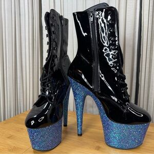 Pleaser Black and Blue Glitter Platform Stilettos